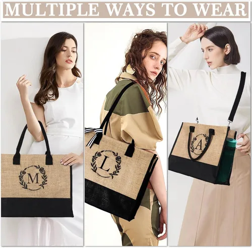 Vista 4 de YOOLIFE Regalos personalizados para mujeres, bolsa de yute con inicial y bolsa de maquillaje, regalos de cumpleaños para mujeres, mamá, esposa