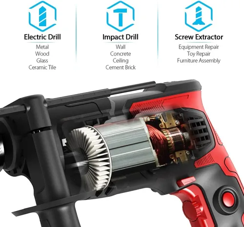 Vista 2 de Taladro de impacto de 850 W, 1/2 pulgadas, 7 amperios con cable con velocidad variable 0-3000 RPM, martillo y taladro 2 funciones en 1 para acero