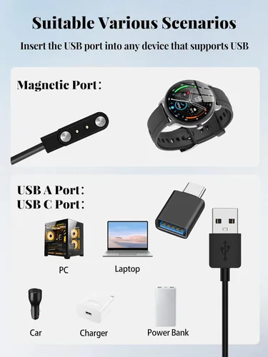 Vista 6 de Cable de carga para reloj inteligente KIBFLE DR03, cable de carga rápida magnético tipo A con adaptador tipo C (2 cables + 1 adaptador)