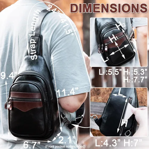 Vista 6 de Bolso bandolera de cuero genuino para hombres y mujeres, bolso de hombro cruzado, mochila de pecho, bolso de mano casual