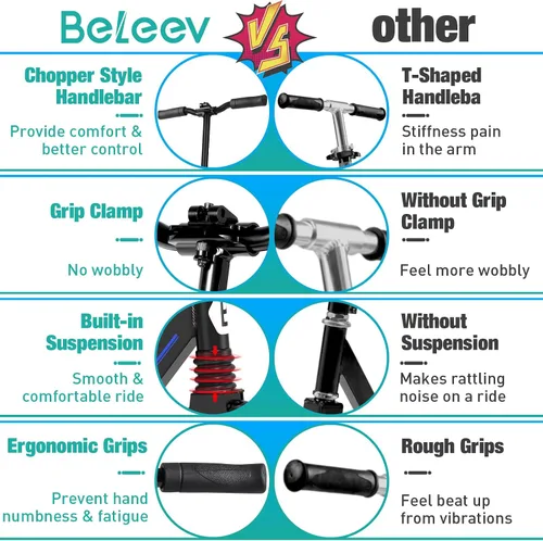 Vista 7 de BELEEV V5 Patines para niños de 6 años en adelante, patinete plegable de 2 ruedas para adultos y adolescentes, 4 rieles ajustables, ruedas grandes