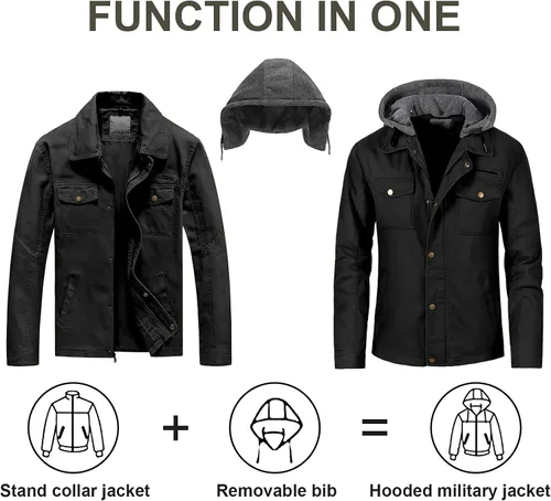 Vista 2 de Pursky Chaqueta de lona de algodón militar casual para hombre con capucha desmontable