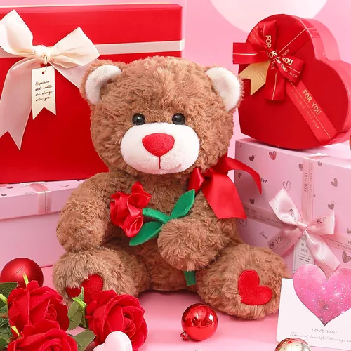 Vista 2 de IKASA Juguete de peluche de oso con lazo para San Valentín, lindo juguete pequeño de peluche suave de 10.6 pulgadas, regalos para novia (oso)