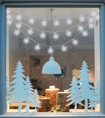 Vista 7 de 2 piezas de 100 luces LED de copo de nieve para colgar decoraciones, Decoración iluminada de invierno para vacaciones, Navidad, suministros