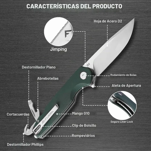 Vista 2 de FLISSA VERSA Cuchillo de bolsillo multiherramienta con hoja D2 de 3.3 Verde