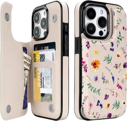 Vista 15 de Funda compatible con iPhone 14/15 con tarjetero y ranuras integradas de piel sintética con función atril y a prueba de golpes para iPhone 14/15