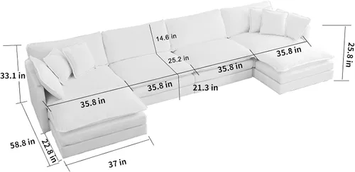Vista 134 de Sofá seccional modular verde de 111.5", sofás seccionales grandes de 3 plazas para sala de estar, sofá nube oversized de tela chenille con otomana