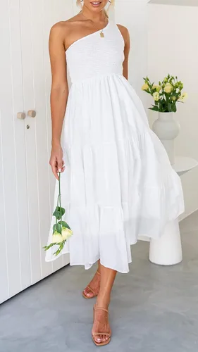 Vista 6 de ZCSIA - Vestido de verano bohemio para mujer, con un hombro descubierto, sin mangas, unicolor, largo debajo de la rodilla y con holanes escalonados