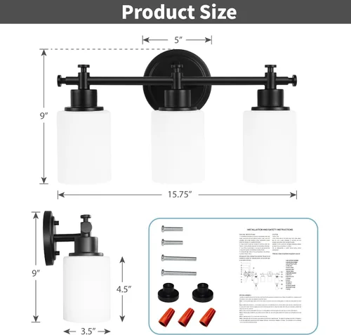 Vista 3 de Lámparas de baño negras de 3 luces, modernas luces de tocador sobre el espejo, apliques de pared de baño con pantalla de vidrio blanco, enchufe E26