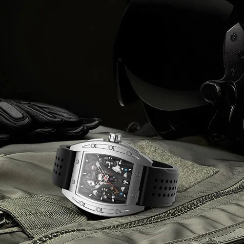 Vista 5 de Relojes automáticos para hombre Tonneau Skeleton Square Cara grande Reloj de pulsera casual impermeable con banda de silicona, caja de acero