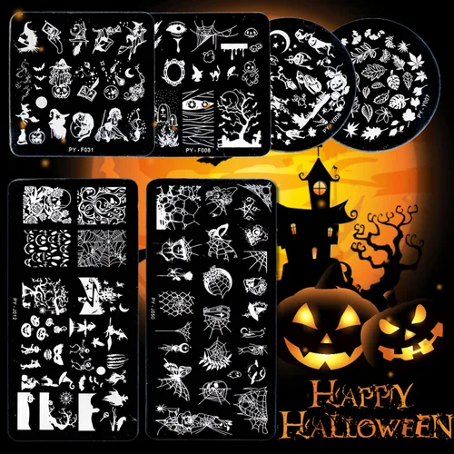 Vista 4 de Juego de 6 placas de estampado de uñas de Halloween, hojas de arce para otoño, kit de plantillas de estampación de uñas, fantasma, murciélago