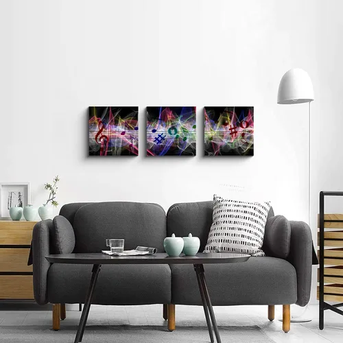 Vista 3 de 3 piezas de lienzo musical para pared, impresiones de notas musicales abstractas, coloridas ilustraciones de ondas sonoras, claves agudas