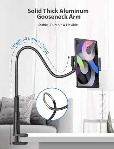 Vista 4 de Soporte para tablet para cama, soporte de cuello de cisne con brazo flexible ajustable compatible con iPad Air Pro Mini, Samsung Tab, Nintendo