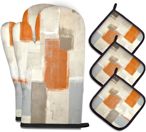 Vista 19 de MCALK Juego de 5 manoplas de horno y soportes para ollas, guantes abstractos para horno y almohadillas calientes para cocina de cocina, manoplas