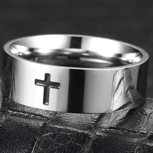 Vista 2 de Jude Jewelers Anillo de boda religioso de acero inoxidable de 0.315in con cruz cristiana simple, Metal, Zirconia cúbica