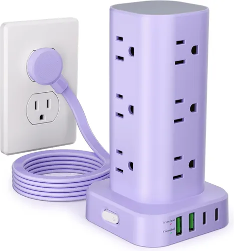 Vista 17 de Regleta de alimentación con cargador inalámbrico, protector de sobretensiones de enchufe plano con cable de extensión de 6 pies, 12 tomas