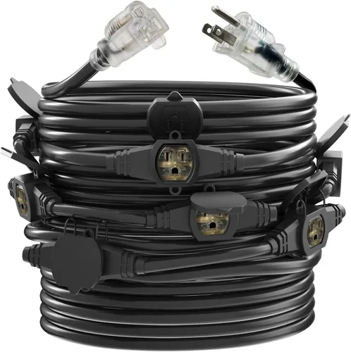 Vista 14 de Cable de Extensión de Corriente de 25 Pies con 3 Clavijas, Cable SJTW Calibre 12 5-15R de Enchufe Macho a Conector Hembra, 7 Tomacorrientes