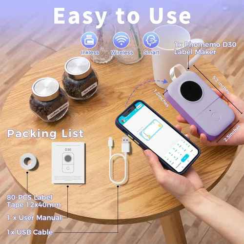 Vista 9 de Phomemo D30 - Etiquetadora pequeña con cinta, portátil, Bluetooth, impresora térmica de adhesivos recargable, fácil de usar para organizar hogar