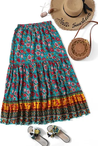 Vista 58 de Milumia Women Boho Vintage Floral Print Long Skirt Summer Tiered Maxi Skirt