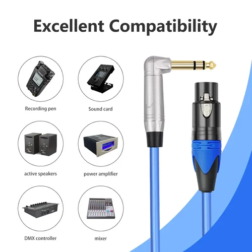Vista 2 de Paquete de 2 cables equilibrados XLR hembra a ángulo recto de 1/4 pulgadas TRS para micrófono, 1 pie, cable de audio estéreo macho a XLR hembra, 6N