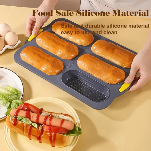 Vista 6 de Molde de silicona para pan de 6 cavidades, molde de pan de masa madre antiadherente y resistente al calor para baguette, moldes de pan para pan