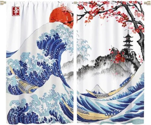 Vista 4 de Koi Fish - Cortinas opacas para cocina, estilo japonés, románticas, con estampado de flores de cerezo, con bolsillo para cortinero, cortinas opacas