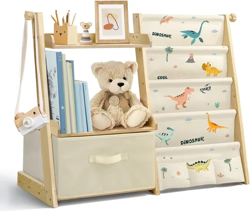 Vista 8 de Estantería infantil y organizador de juguetes 2 en 1, estante para libros para habitaciones de niños con cubo de juguetes móvil, estante de 4 Beige