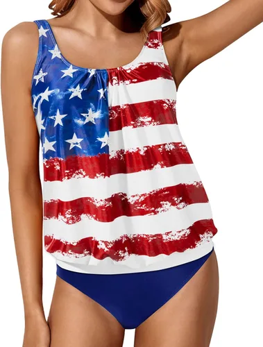 Vista 7 de Yonique Trajes de baño estilo tankini con blusón para mujer, de dos piezas, ajuste holgado, sencillo y estampado floral.