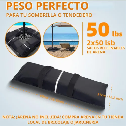 Vista 4 de Bolsas de arena para base de paraguas, 2 bolsas de arena rellenables de 50 libras para base de paraguas, sombrilla de patio voladizo, trampolín