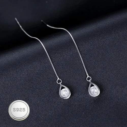 Vista 6 de Reffeer Solid 925 Sterling Silver CZ Droplet Chain Dangle Earrings for Women Teen Girls Tassel Dangle Earrings Threader A-Plata