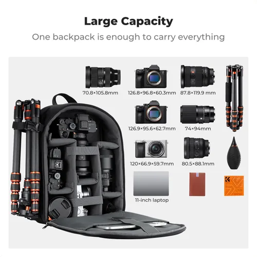 Vista 3 de K&F CONCEPT Mochila ligera para cámara, bolsa de fotografía profesional compatible con cámaras Canon/Nikon/Sony y accesorios para lentes, funda