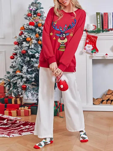 Vista 5 de Fisoew Sudaderas de Navidad de gran tamaño para mujer, manga larga, cuello redondo, estampado de reno, divertido y lindo suéter