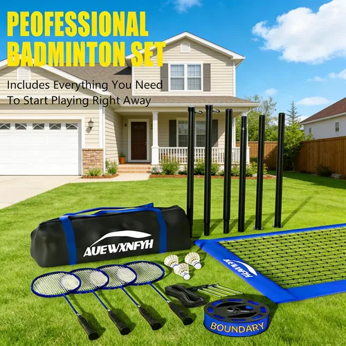 Vista 5 de Badminton Set for Backyard: Heavy-Duty Outdoor Badminton Net with 4 Performance Rackets, 3 Shuttlecocks, Boundary Line & Carry Bag - Complete Sports