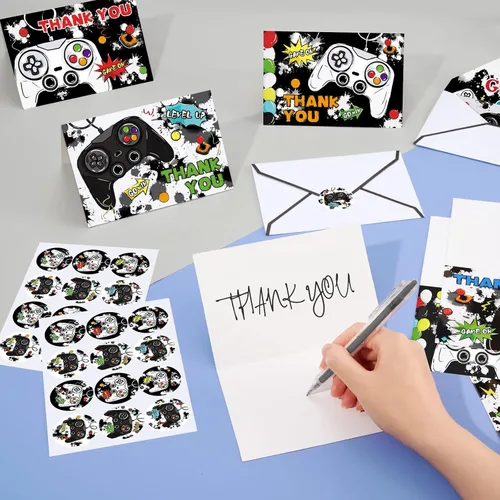 Vista 5 de WERNNSAI Tarjetas de agradecimiento de videojuegos – 24 piezas de decoración de cumpleaños de videojuegos, tarjetas de agradecimiento con sobres