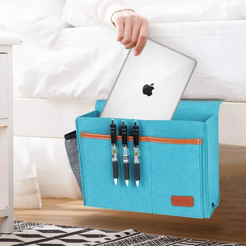 Vista 4 de Organizador de Mesita de Noche, Organizador de Almacenamiento de Cama para Control Remoto, Libros, Revista, Soporte para Laptop, Bolsa