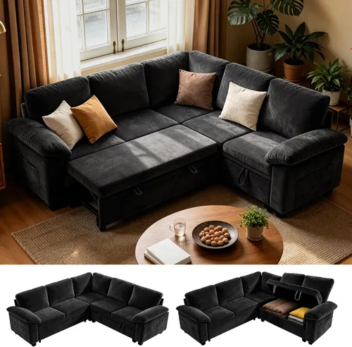 Vista 15 de 86" L-Shaped Sectional Sleeper Couch, Modular Pull-Out Storage Sofa Bed Green