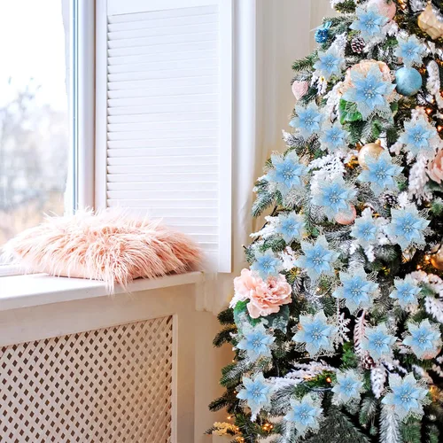 Vista 8 de Geosar 36 flores de Pascua de Navidad de 3 tamaños, 3, 4, 6 pulgadas, decoraciones de árbol de flores sintéticas con purpurina, adornos de Pascua