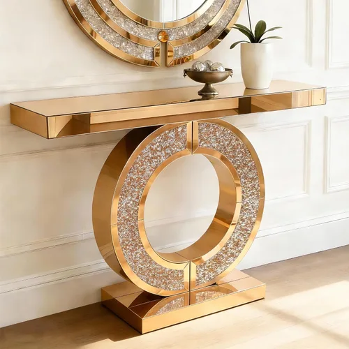 Vista 20 de SSLine Mesa de consola negra con espejo para sala de estar, mesa de entrada moderna de espejo de 43 pulgadas con base de cristal en forma de O