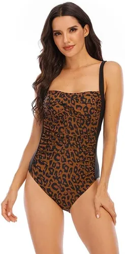 Vista 2 de Traje de baño de una pieza con estampado de leopardo para mujer, con control de abdomen, cintura alta, monokini