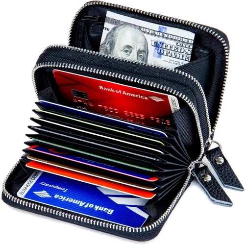 Vista 11 de KALMOR Billeteras de cuero para mujer con doble cremallera RFID bloqueo bolsillo para monedas Azul