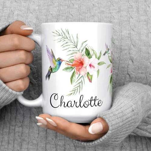Vista 5 de Taza de café de cerámica personalizada con nombre de colibrí, 11 o 15 onzas