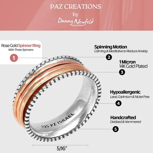 Vista 3 de Paz Creations - Anillo giratorio de plata de ley 925 para mujer, anillo de ansiedad para mujer, hecho a mano, anillos giratorios con 1 año