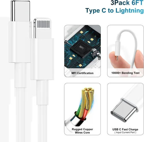 Vista 5 de Cargador de teléfono de carga rápida de 6 pies, bloque de cargador USB C rápido de 20 W con cable USB C a Lightning de 6 pies de longitud