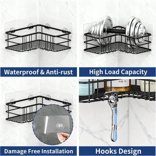Vista 5 de Menbyci Organizador de ducha negro esquinero para baño, accesorios organizadores de baño a prueba de óxido, cesta de ducha adhesiva, estante
