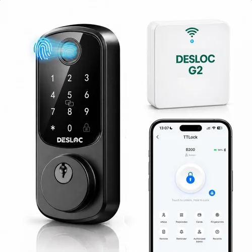 Vista 13 de DESLOC Cerradura de puerta inteligente de huella dactilar B200, cerrojo de Negro