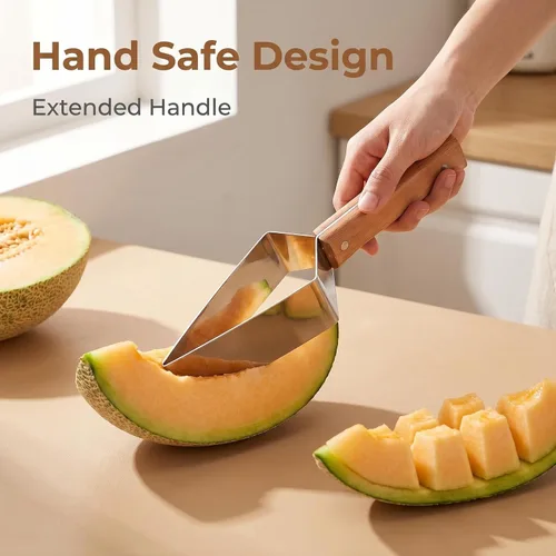 Vista 3 de Cortador de sandía triangular, mango de madera y cortador de melón de acero inoxidable, cortador de frutas para el hogar, cocina, camping, picnic