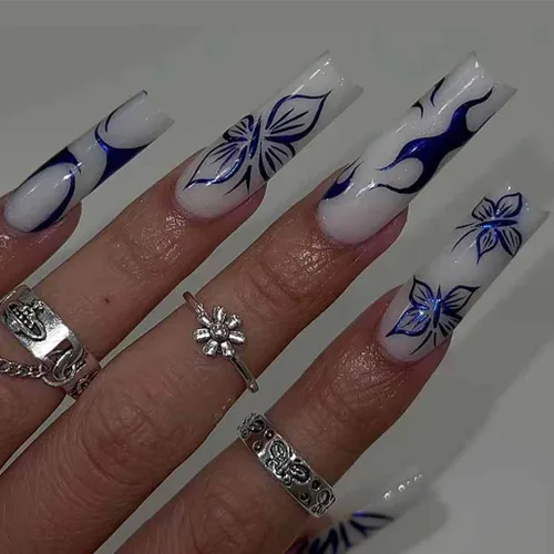 Vista 9 de Foccna - Uñas postizas 3D con flores, cuadradas, rosas, francesas, brillantes, con strass, largas, para manicura, 24 piezas