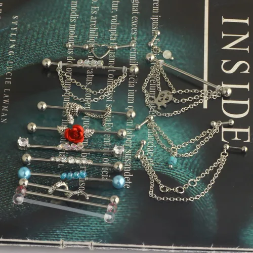 Vista 4 de Aretes de barra industriales 14G de acero inoxidable para cartílago largo, hélice, caracola, piercing para el cuerpo, joyería 7-18 piezas