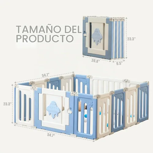 Vista 7 de Bestgame - Corralito para bebés - 14 paneles extragrandes plegables para niños pequeños, valla portátil en forma de OVNI, puerta, patio - Azul