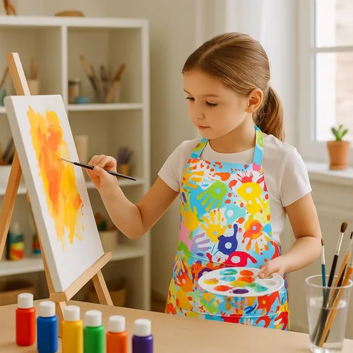 Vista 4 de Prasacco 2 piezas de delantales para niños con huellas de manos arcoíris, delantal de pintura para niños, delantal de arte ajustable para niños